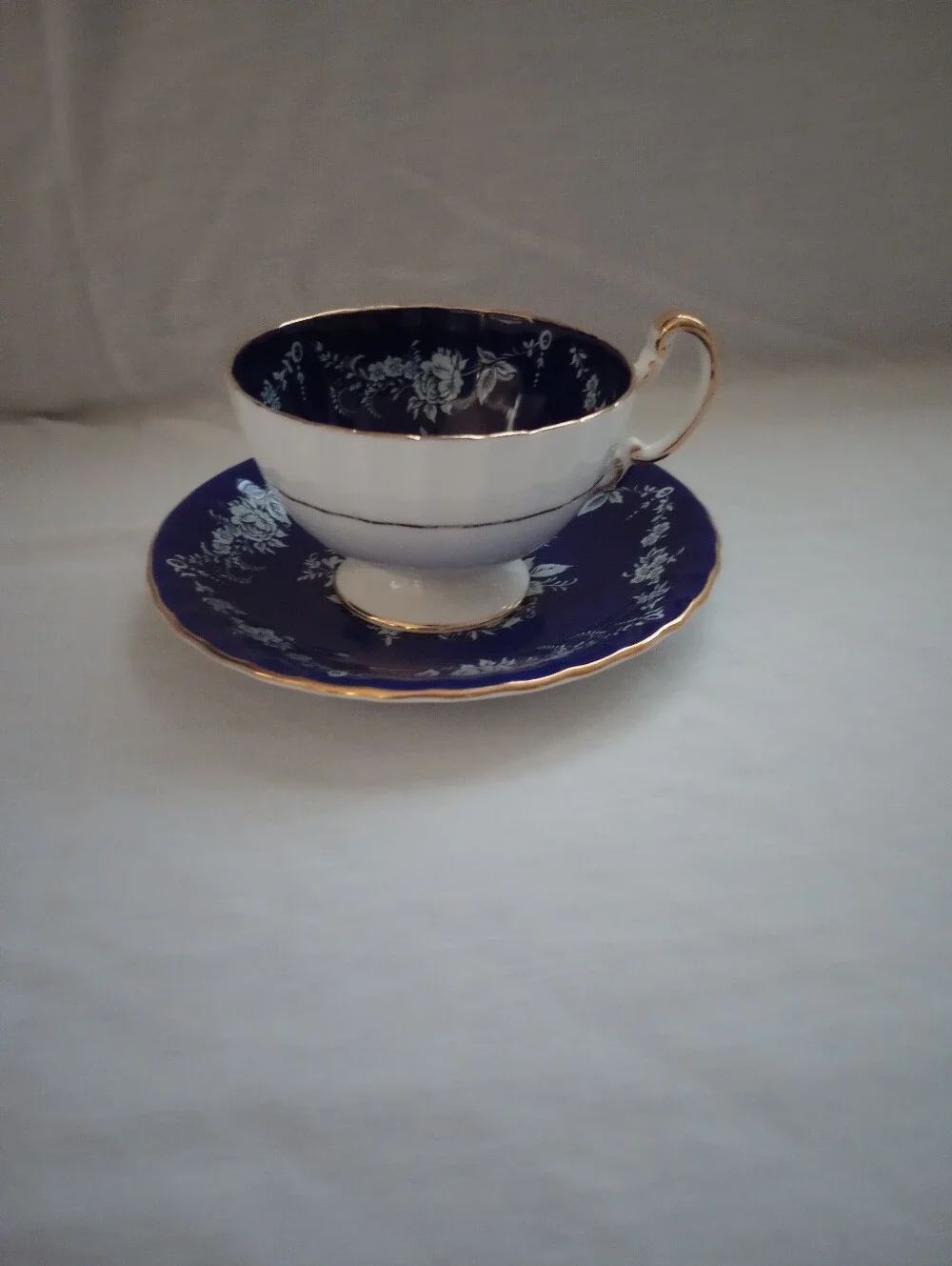 Aynsley English Bone China Cobalt Blue & White Floral Cup & Saucer
